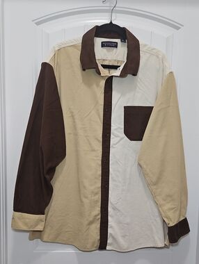 Roundtree & Yorke Brown and Cream Colorblock Button Up Shirt Men's XL